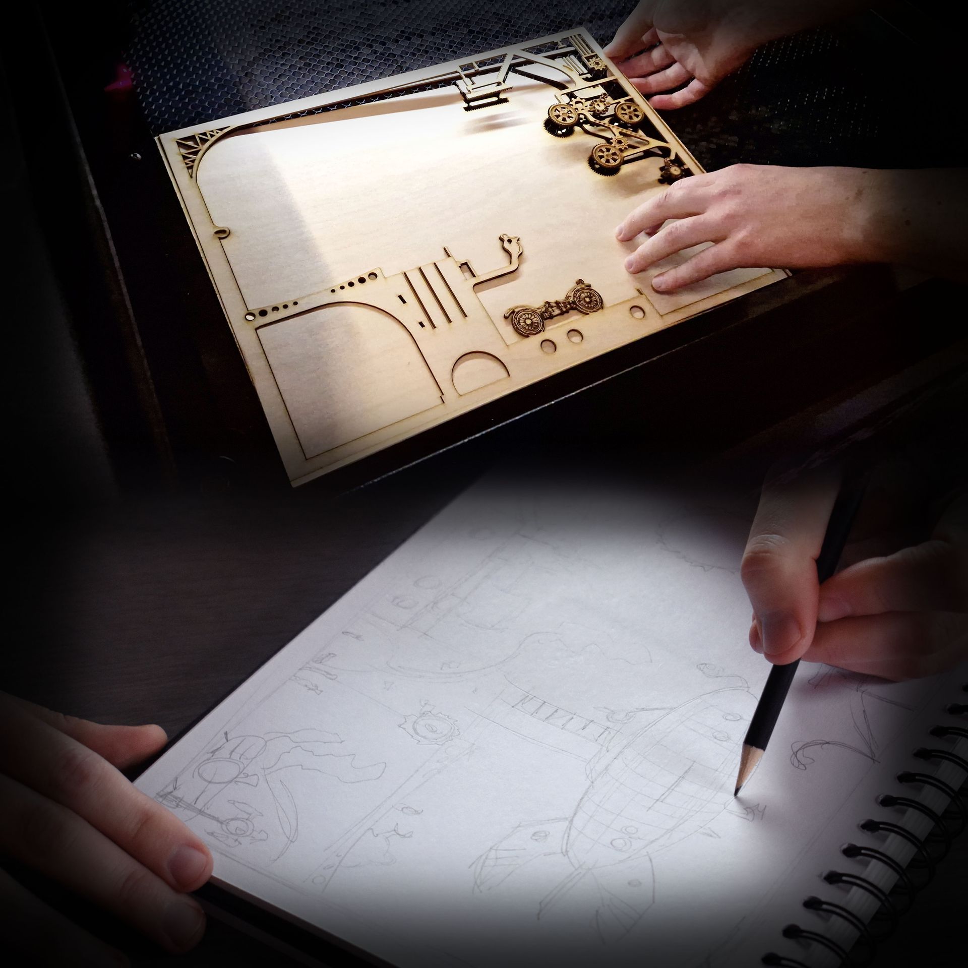 Conception Atelier Arkitorii Illustration du processus et de la méthode d'artisanat au coeur de l'atelier Arkitorii, découpe laser et croquis à la main.